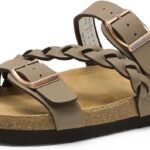DREAM PAIRS Women's Slides Soft Cork Footbed Sandals Comfortable Walking Slip-on Flat Sandals Arch Support Adjustable Buckle Braided Straps Slippers