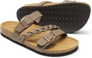 DREAM PAIRS Women's Slides Soft Cork Footbed Sandals Comfortable Walking Slip-on Flat Sandals Arch Support Adjustable Buckle Braided Straps Slippers - Image 3