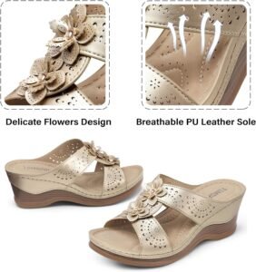 TEMOFON Womens Wedge Sandals Leather: Dressy Sandal, Rubber Sole, Comfortable Walking, Casual Slip on Summer Shoes, Size 5-11 - Image 4